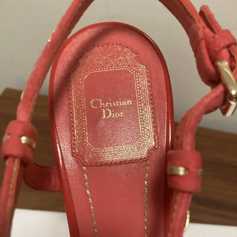 Dior Coral Leather Cork Platform Sandals with Gold Stitching